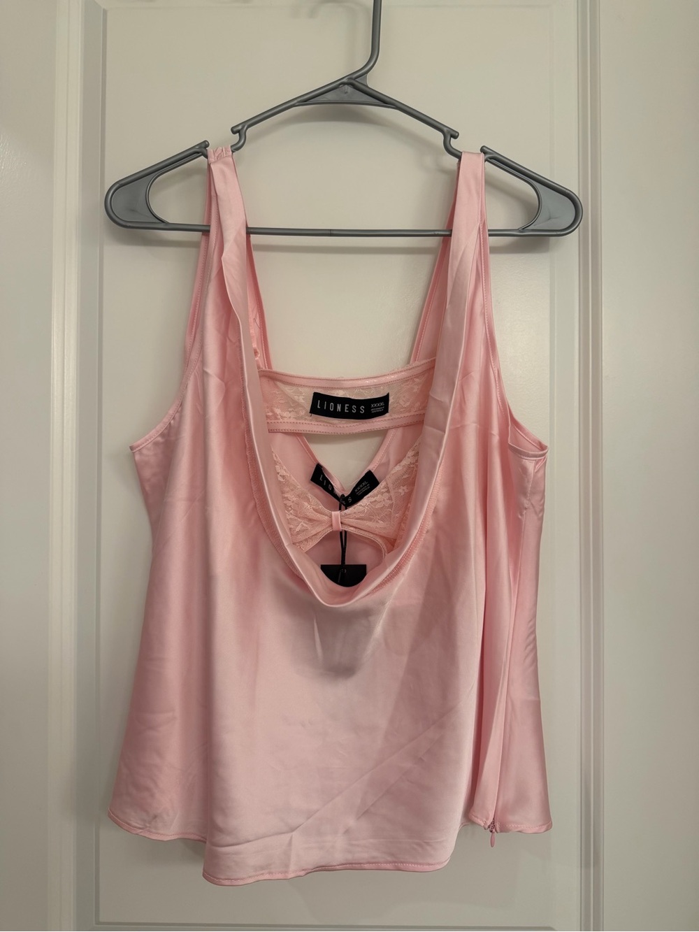 Pink Satin Cowl Neck Tank Top with pink lace bra
